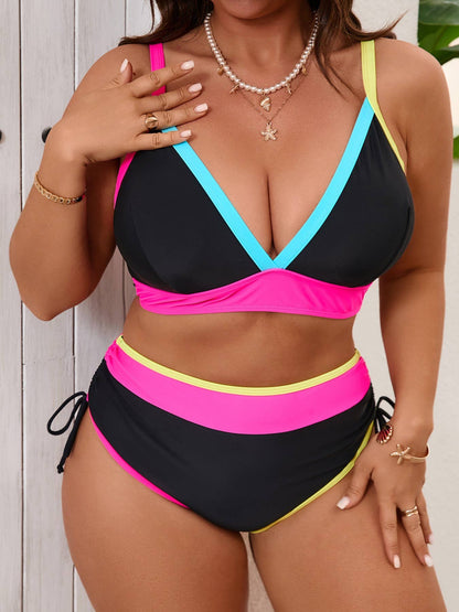 Plus Size Color Block V Neck Bikini Set High Waisted: Black / 1XL