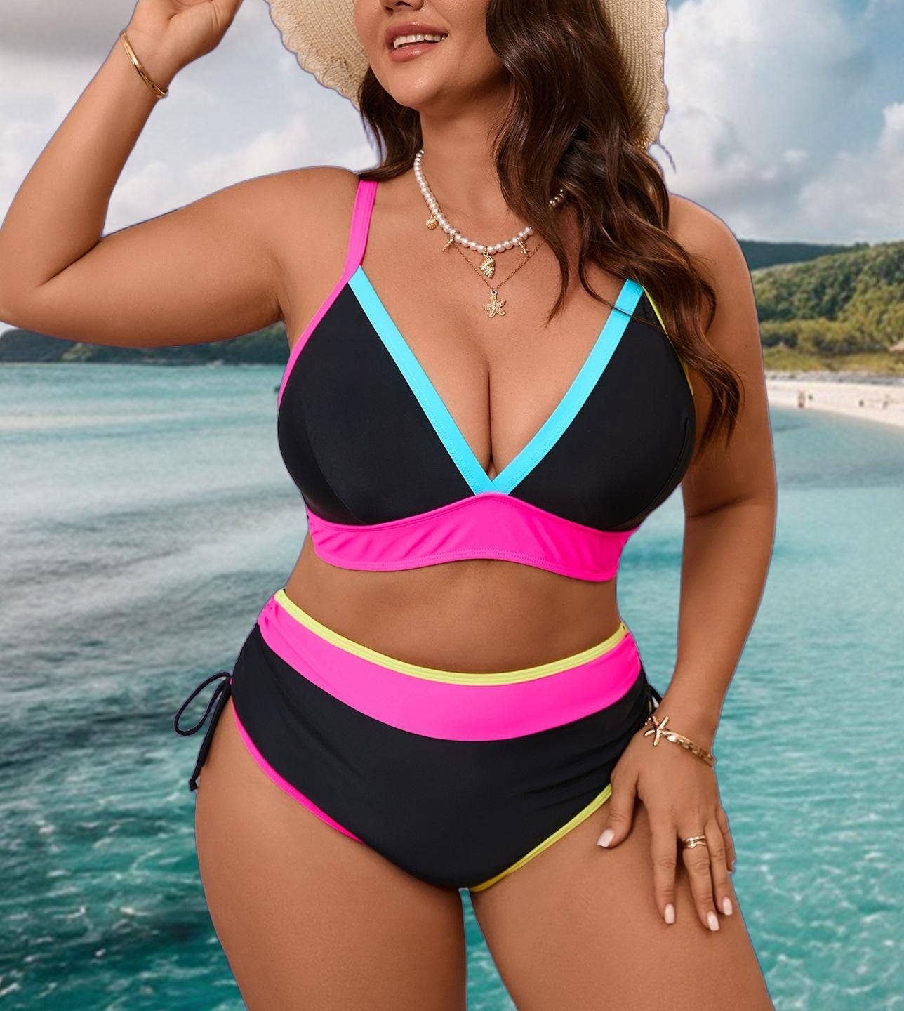 Plus Size Color Block V Neck Bikini Set High Waisted: Black / 4XL