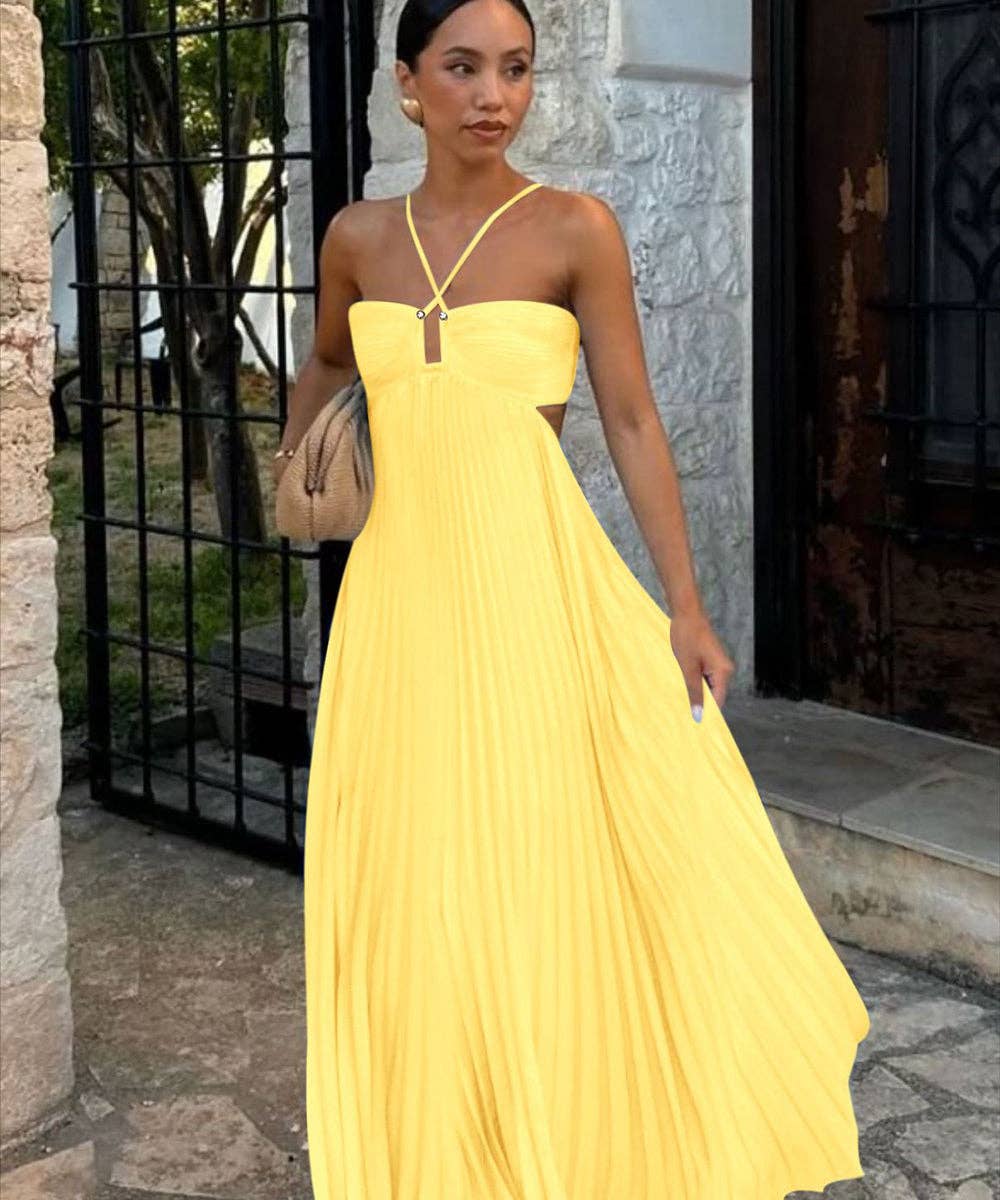 Plunging Halter Pleated Maxi Dress: Yellow / XL