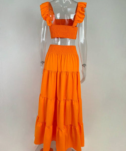 Halter Neck Crop Top Maxi Set: Orange / 2XL