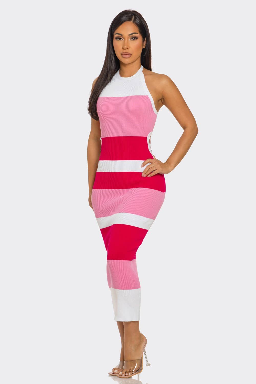 Back Up Stripe Halter Midi Dress : Pink / S