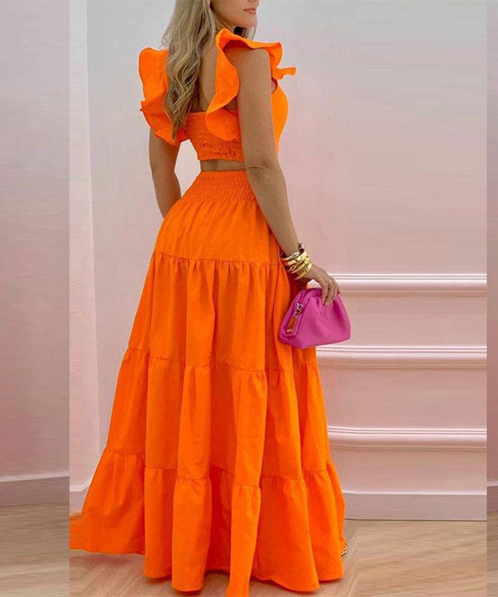 Halter Neck Crop Top Maxi Set: Orange / 2XL
