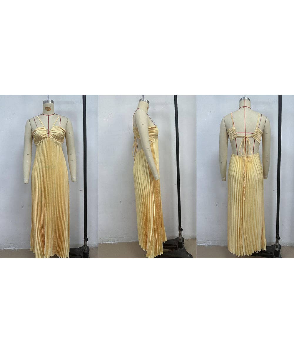 Plunging Halter Pleated Maxi Dress: Yellow / XL