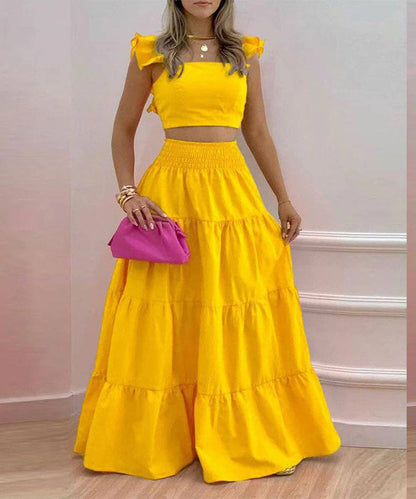 Halter Neck Crop Top Maxi Set: Pink blue / 2XL