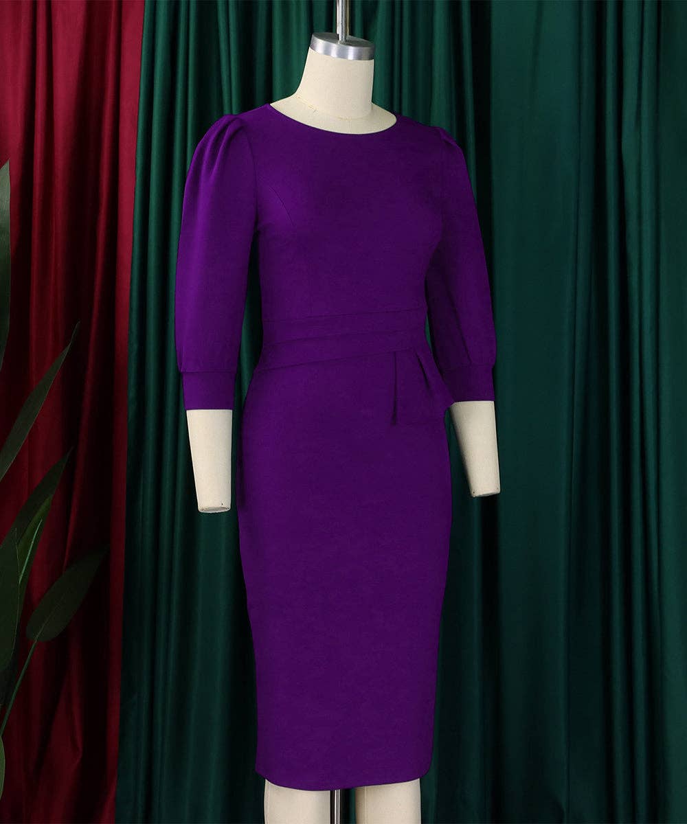 Round Neck Bodycon Midi Dress: Purple / L