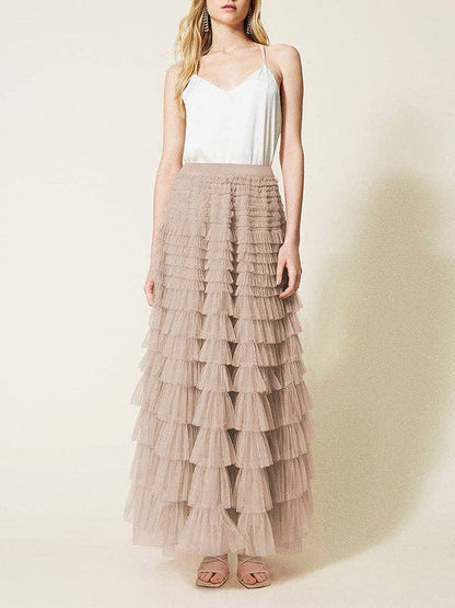 A-Line High Waisted Solid Color Tulle Skirts Bottoms: KHAKI / XL