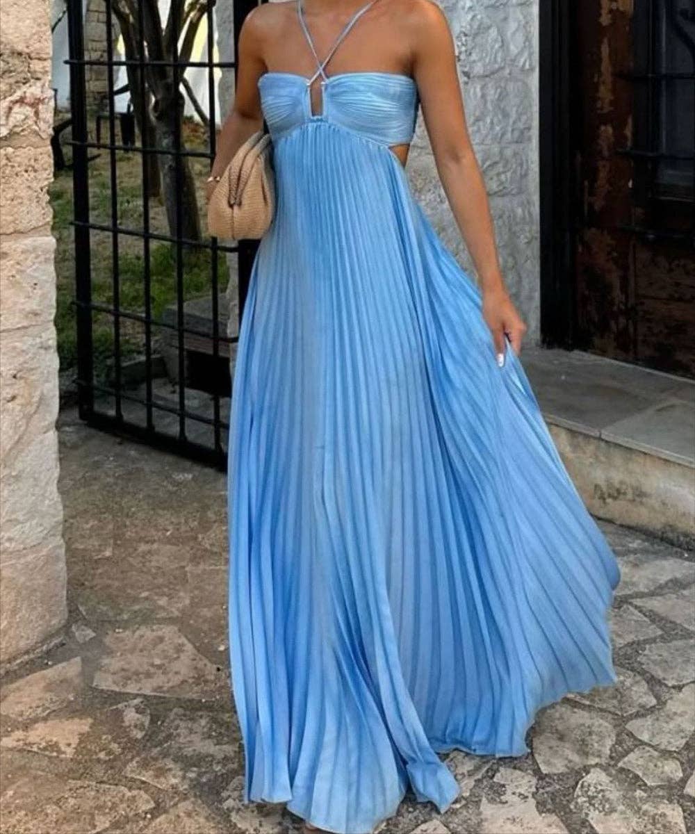 Plunging Halter Pleated Maxi Dress: Yellow / XL