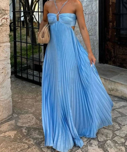 Plunging Halter Pleated Maxi Dress: Yellow / XL