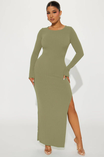 SIDE SLIT BODYCON MAXI DRESS: Chartreuse