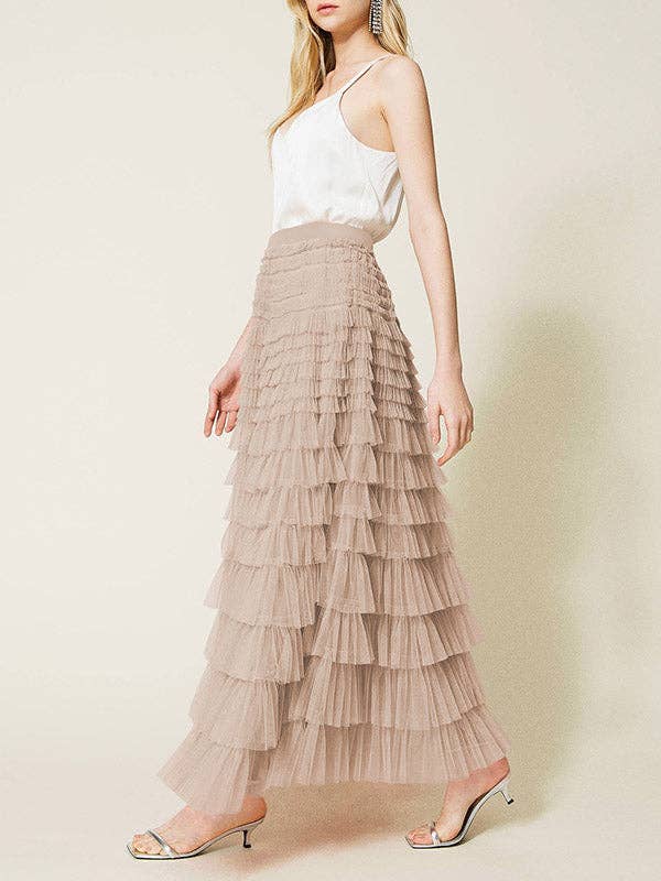 A-Line High Waisted Solid Color Tulle Skirts Bottoms: White / XL