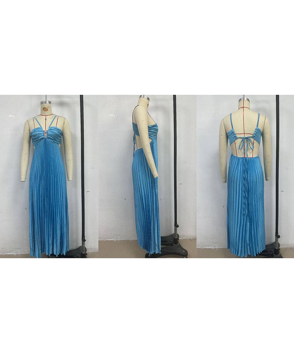 Plunging Halter Pleated Maxi Dress: Yellow / XL