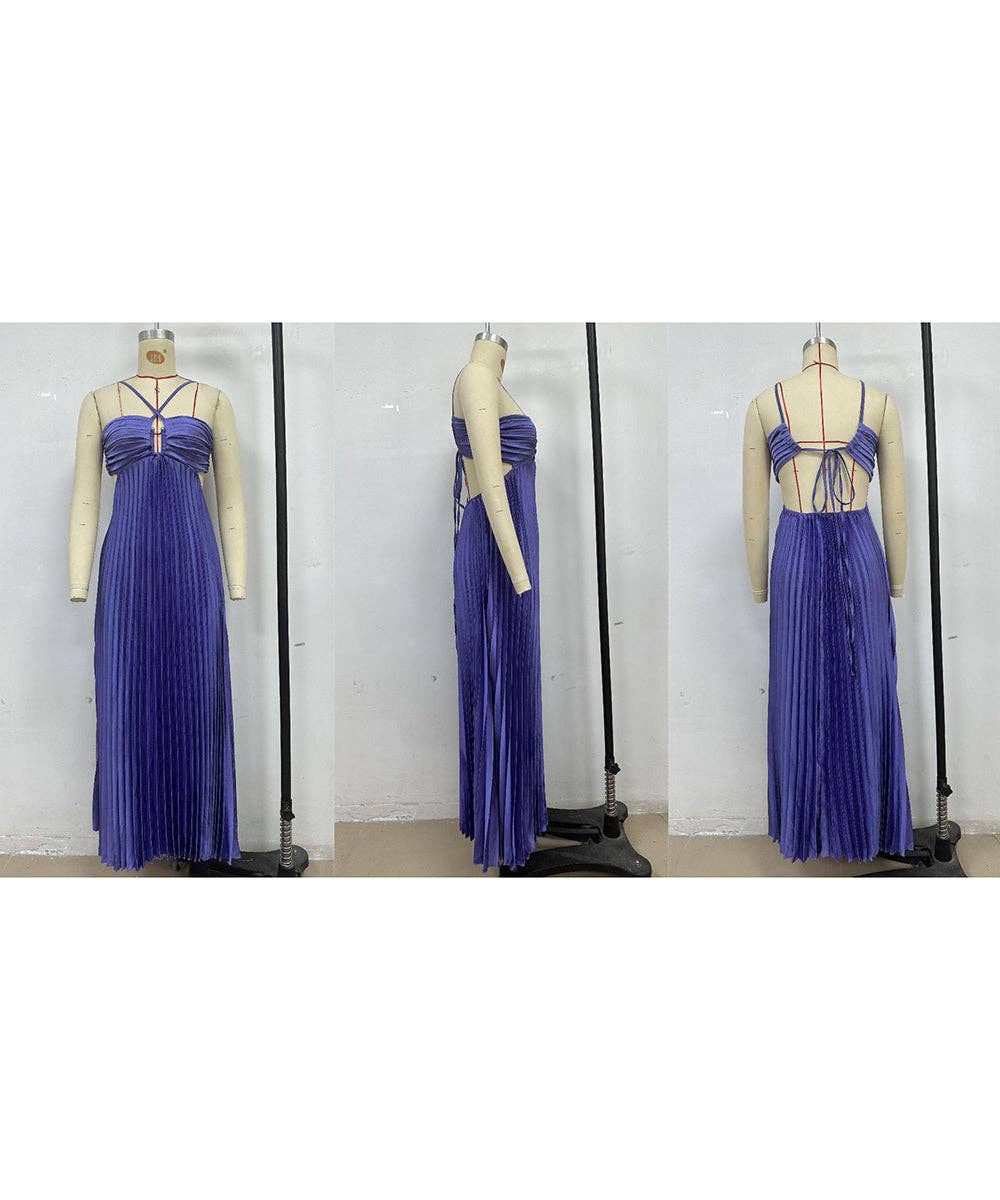 Plunging Halter Pleated Maxi Dress: Yellow / XL