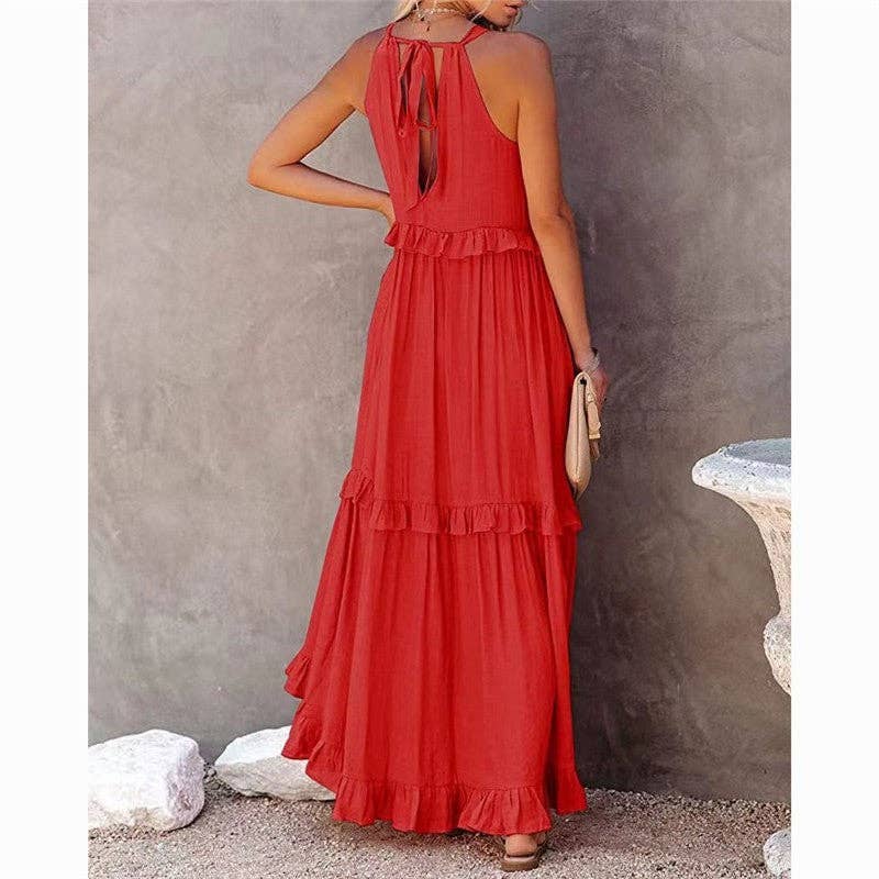 Beach Maxi Dress With Ruffle Hem: PINK