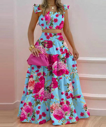 Halter Neck Crop Top Maxi Set: Pink blue / 2XL