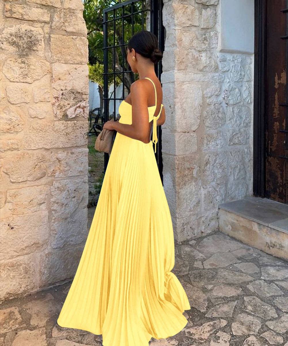 Plunging Halter Pleated Maxi Dress: Yellow / XL