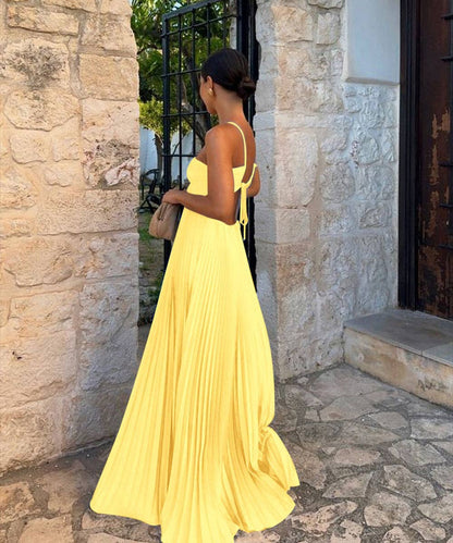Plunging Halter Pleated Maxi Dress: Yellow / XL