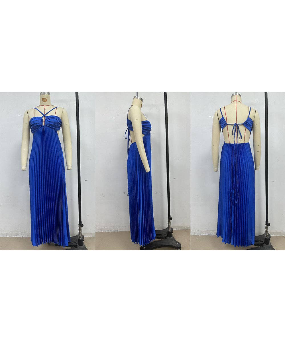 Plunging Halter Pleated Maxi Dress: Yellow / XL