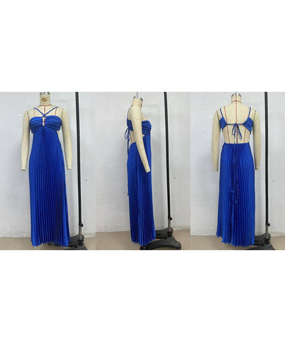 Plunging Halter Pleated Maxi Dress: Yellow / XL