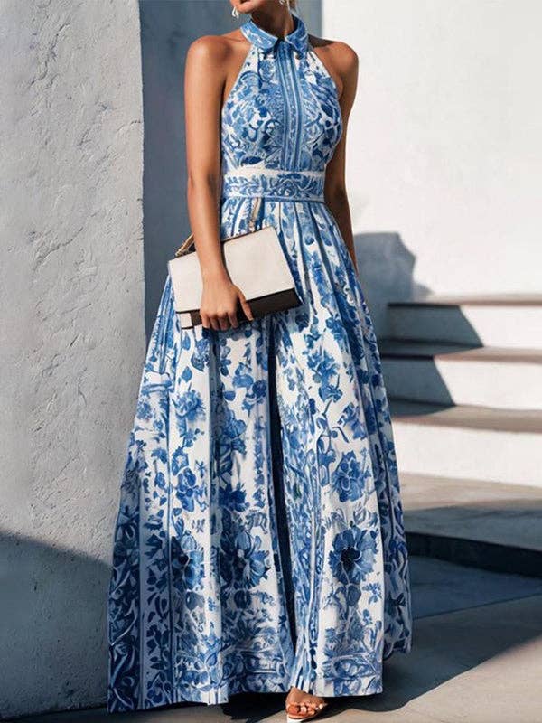 Floral Print A-Line Maxi Dress with Split Lapel - Loose Fit: BLUE