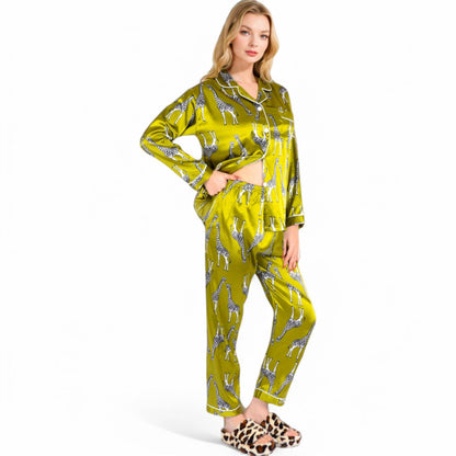 Satin Pajama Set with Giraffe Print and Button-Down Top: Yellow / Small 4-6