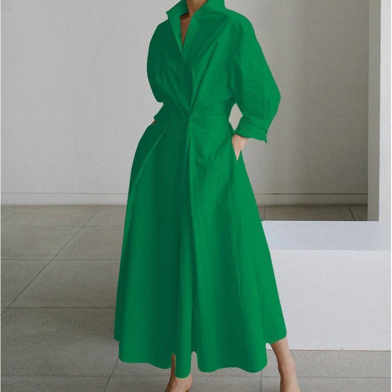 Stylish Polo Neck Loose Fit Midi Dress: GREEN