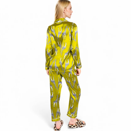 Satin Pajama Set with Giraffe Print and Button-Down Top: Yellow / Medium 8-10