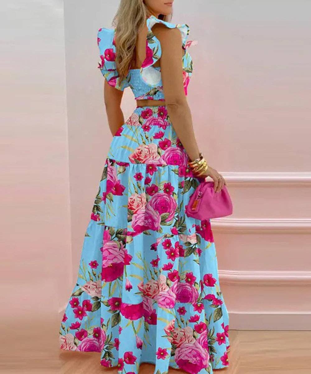 Halter Neck Crop Top Maxi Set: Pink blue / 2XL