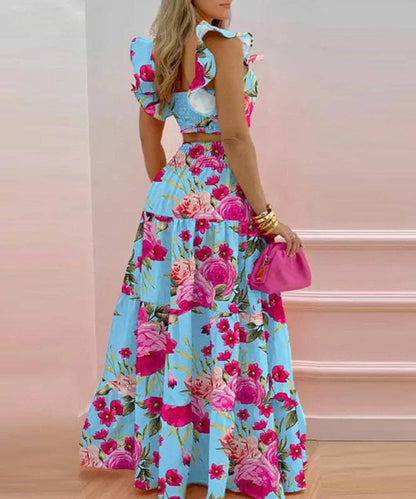 Halter Neck Crop Top Maxi Set: Pink blue / 2XL