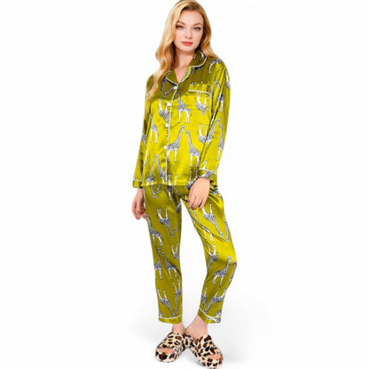 Satin Pajama Set with Giraffe Print and Button-Down Top: Yellow / Medium 8-10