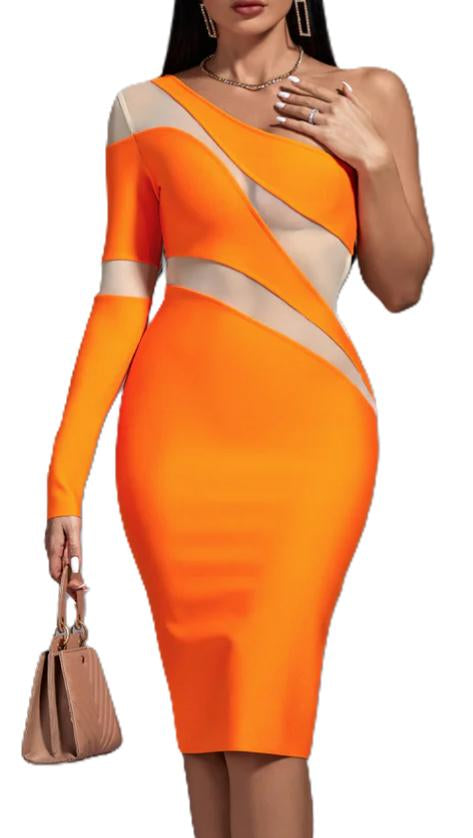 Orange Asymmetrical Mesh Dress